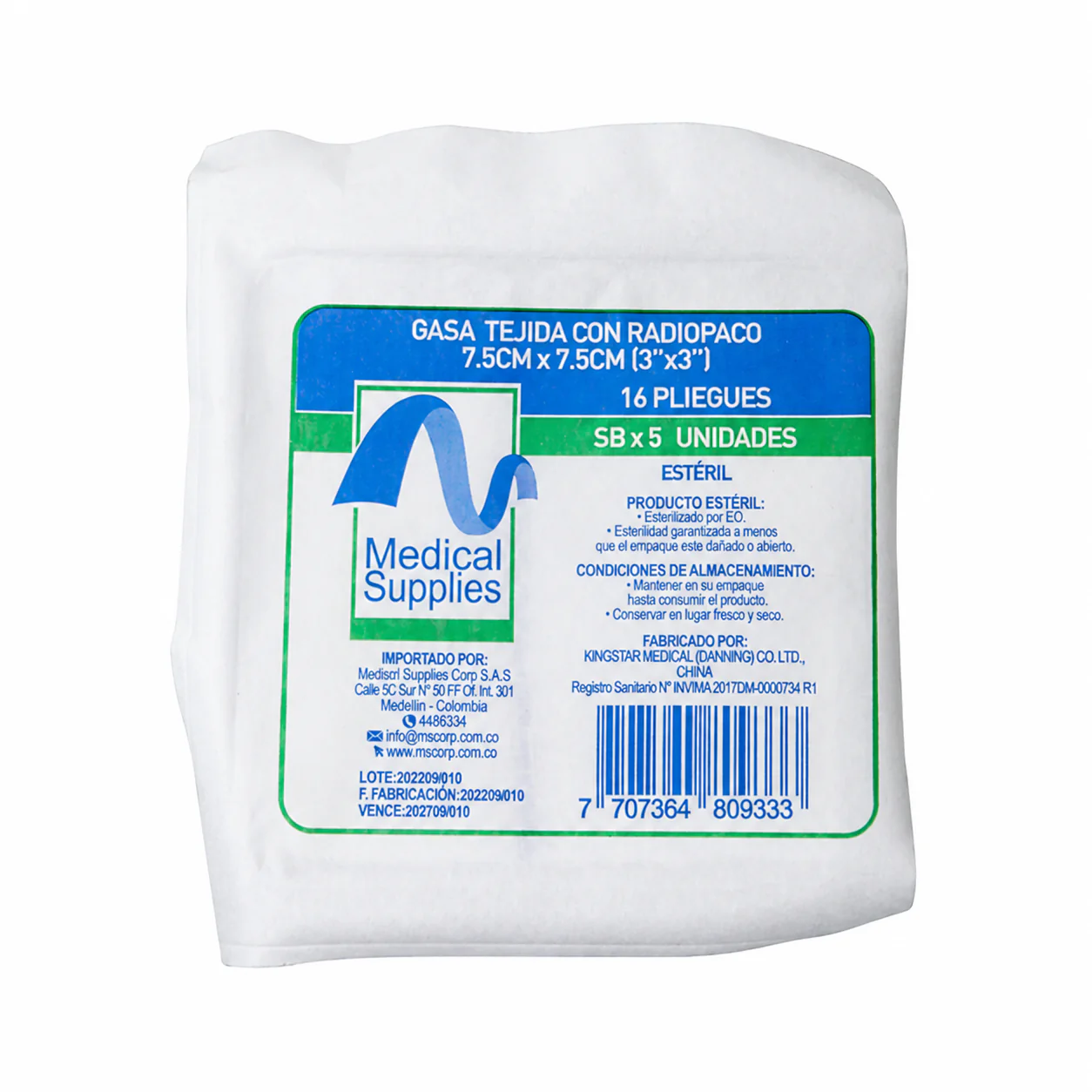 Gasa Estéril Radiopaco 7.5x7.5cm 16 Pli Sob X 5 Unds  - Medical Supplies